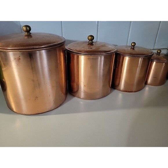 Vintage Copper Canister Set of 4 Nesting with lids Unmarked 1970's Tea Coffee - Picture 5 of 12
